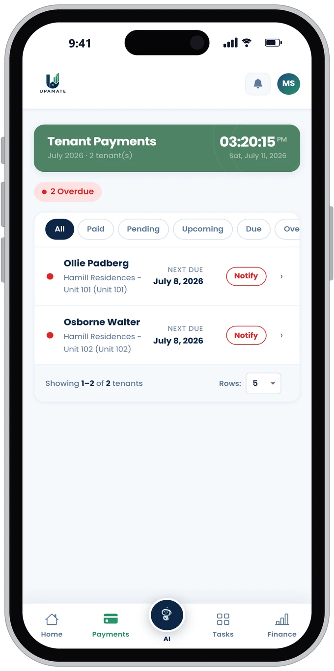 UpaMate payment tracking for landlords