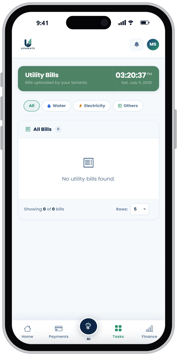 UpaMate utility bills overview for landlords