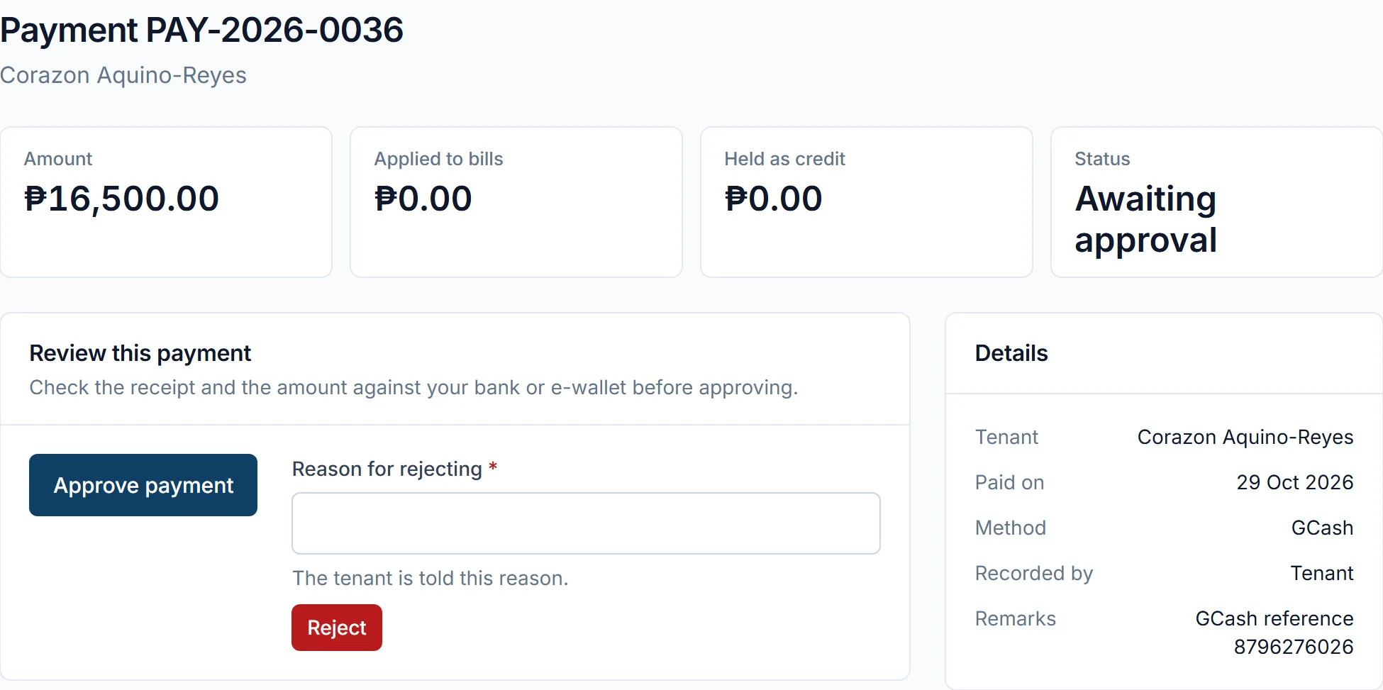 A GCash payment of 16,500 pesos waiting for the landlord's approval in UPAMATE