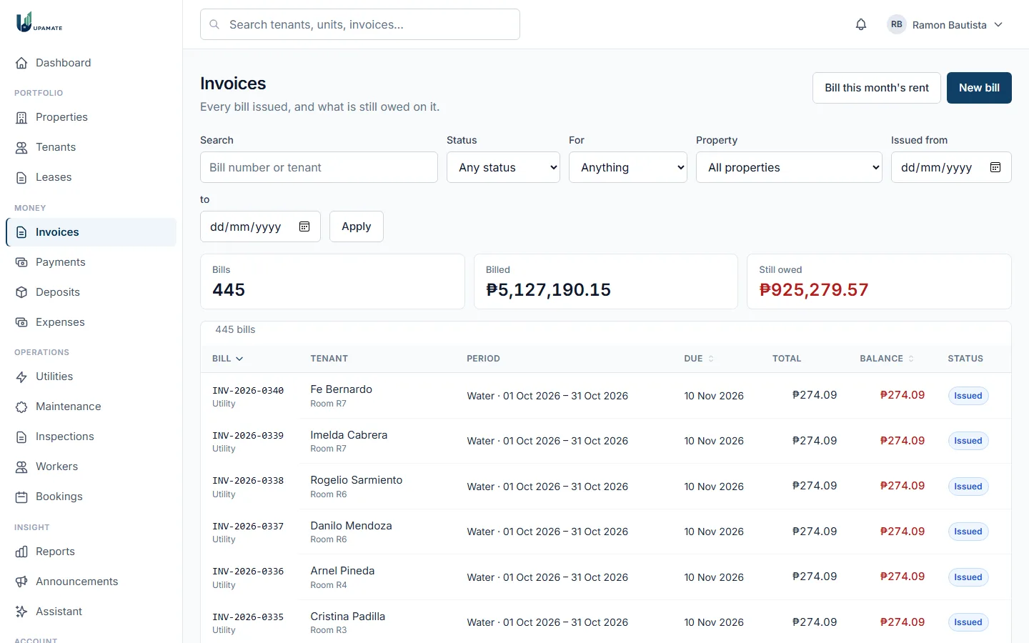 The invoices list with totals, balances and due dates