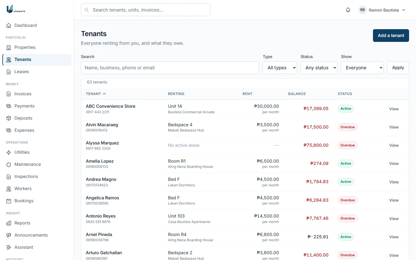 The tenants list with each tenant's unit, rent, balance and status