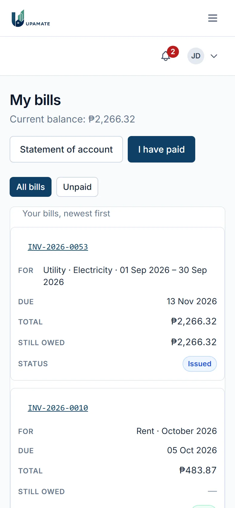A tenant's list of bills on a phone