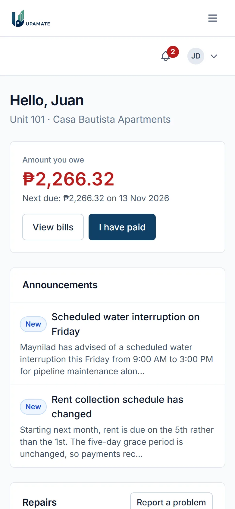 The tenant portal home on a phone, showing the amount owed and announcements