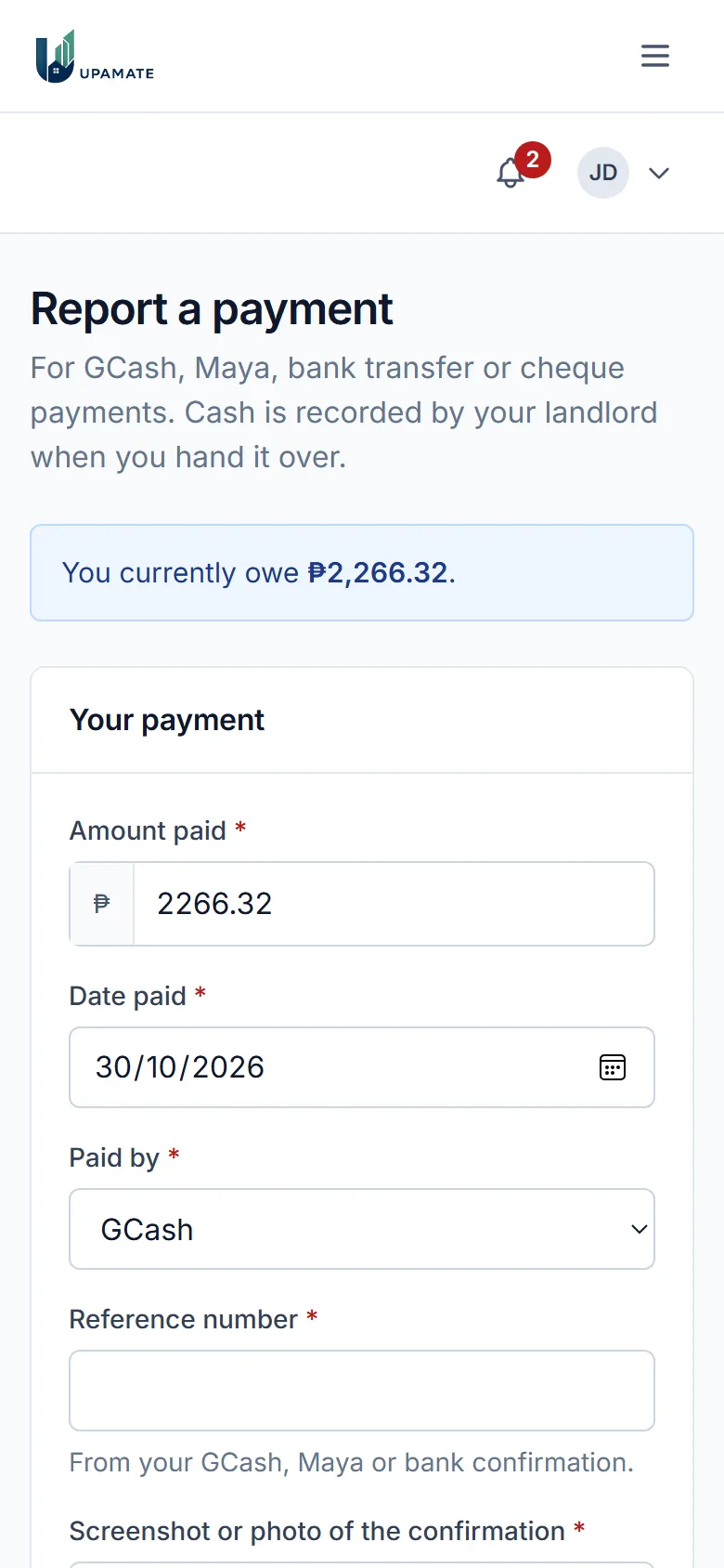 The form a tenant uses to report a payment with a receipt