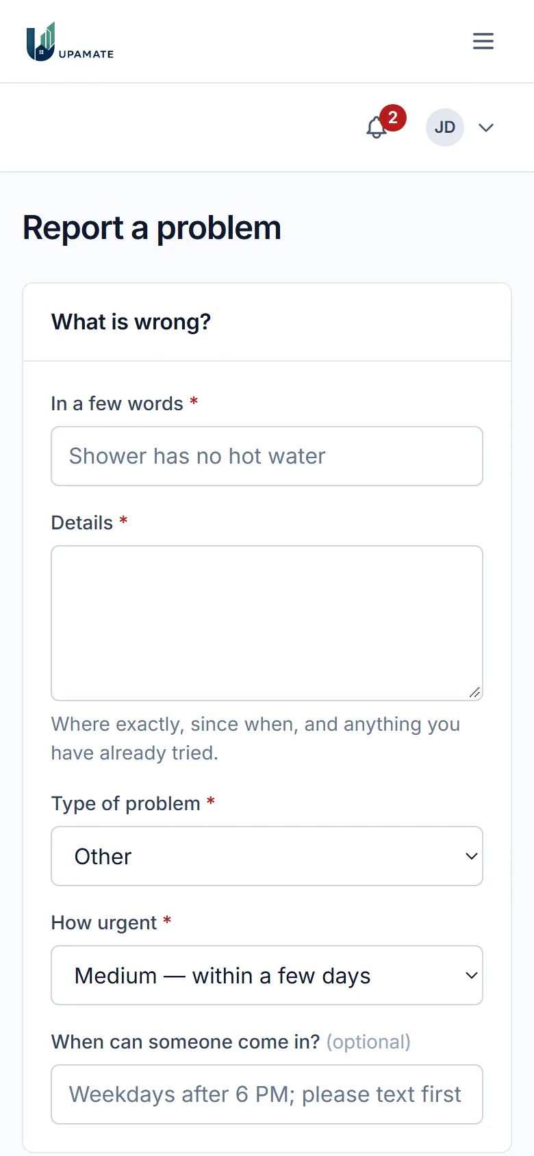 The form a tenant uses to report a repair